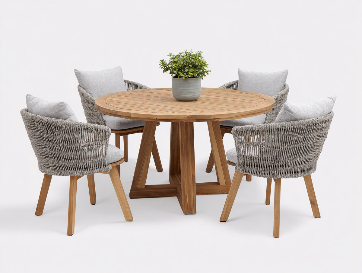 Conjuntos de comedor de jardín de madera y cuerda con 1 mesa redonda y 4 sillas 120x120x75 cm - Natural y gris claro - Diseño moderno para exterior