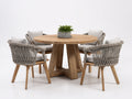 Conjuntos de comedor de jardín de madera para 4 personas con mesa redonda 120x120x75 cm - marrón natural y gris claro - diseño moderno con sillones de cuerda trenzada