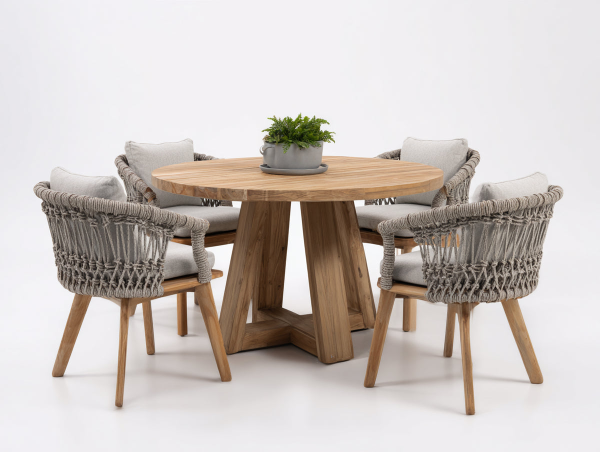 Conjuntos de comedor de jardín de madera para 4 personas con mesa redonda 120x120x75 cm - marrón natural y gris claro - diseño moderno con sillones de cuerda trenzada