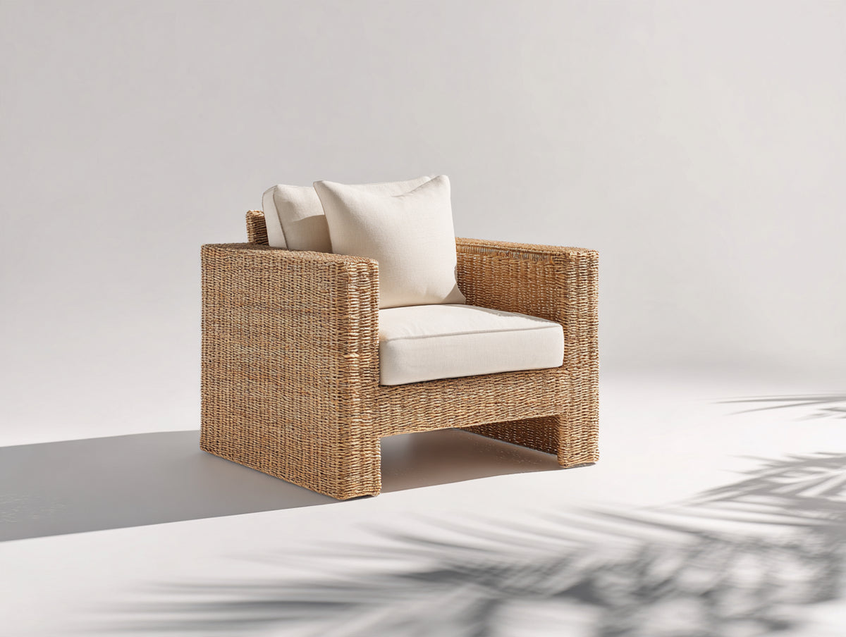 Sillones de ratán 85 x 80 x 75 cm - ratán natural y tapizado blanco - diseño para exterior