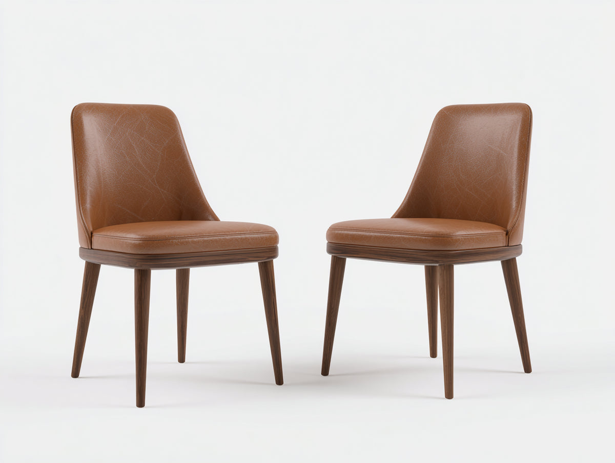 Sillas de comedor tapizadas con patas de madera 48x56x88 cm - Marrón coñac y nogal - Diseño moderno de respaldo curvo